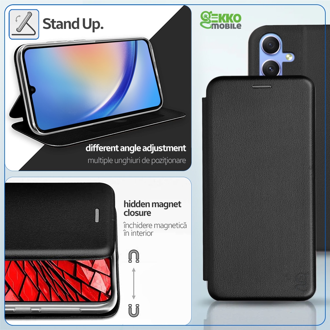 Husa carte pentru Samsung A34, cu Magnet, buzunar Card, Functie Stand, din Piele-Eco, interior Microfibra, 360° Elegance, Neagra