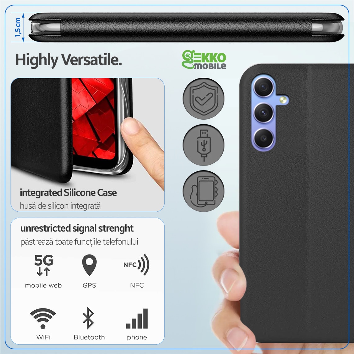 Husa carte pentru Samsung A34, cu Magnet, buzunar Card, Functie Stand, din Piele-Eco, interior Microfibra, 360° Elegance, Neagra