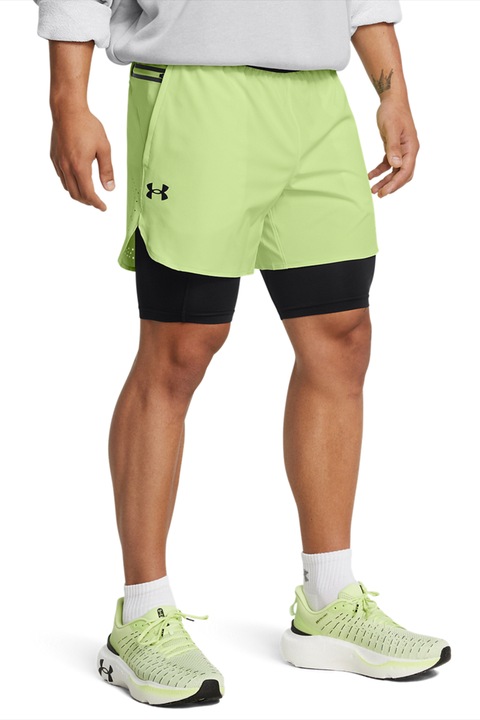 Under Armour, Pantaloni scurti 2in1 pentru antrenament Vanish Elite, Negru/Verde fistic