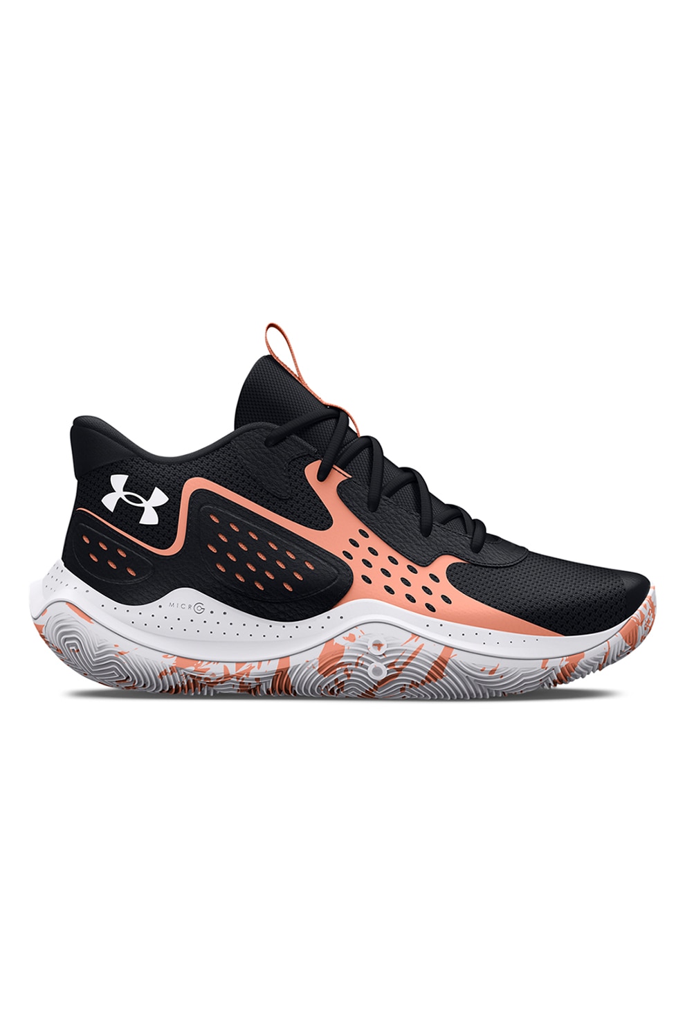Under Armour, Pantofi mid-cut pentru baschet Jet '23, Alb, Negru, Roz somon, 9.5
