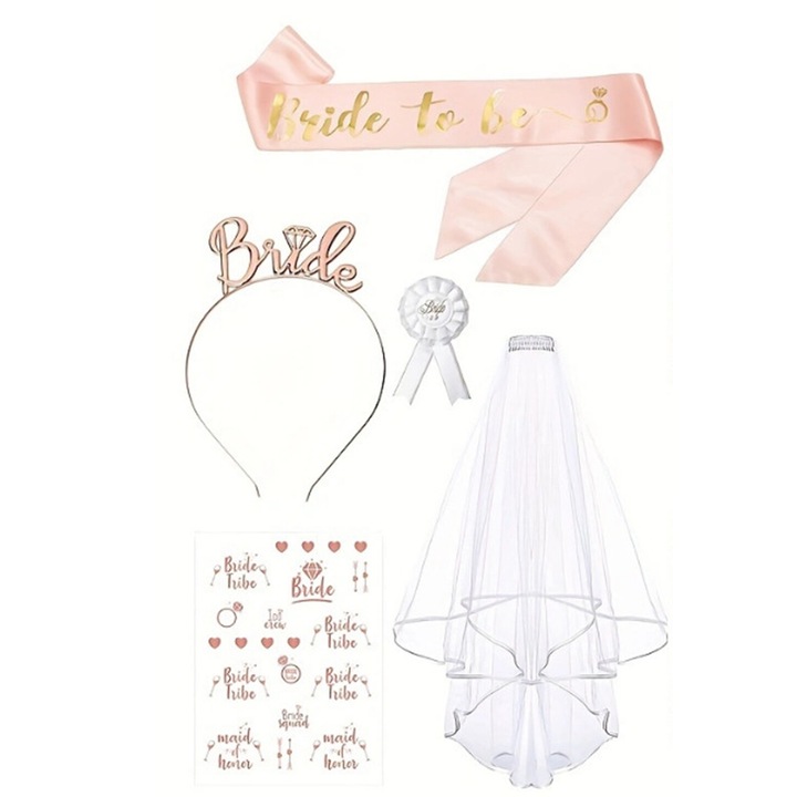 Setul de 5 accesorii pentru petrecere a burlacilor include Voal cu pieptene, Esarfa pentru Mireasa, Fasa Mireasa care urmeaza sa fie, Brosa de mireasa, Tatuaj temporar, Alb/Roz