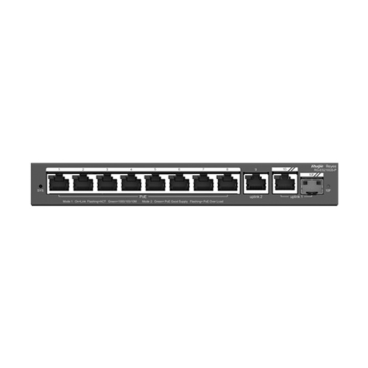 Комутатор 8 PoE+ порта, 2 GE порта, 1 SFP порт, Gigabit, облачно управление - Ruijie RG-ES210GS-P