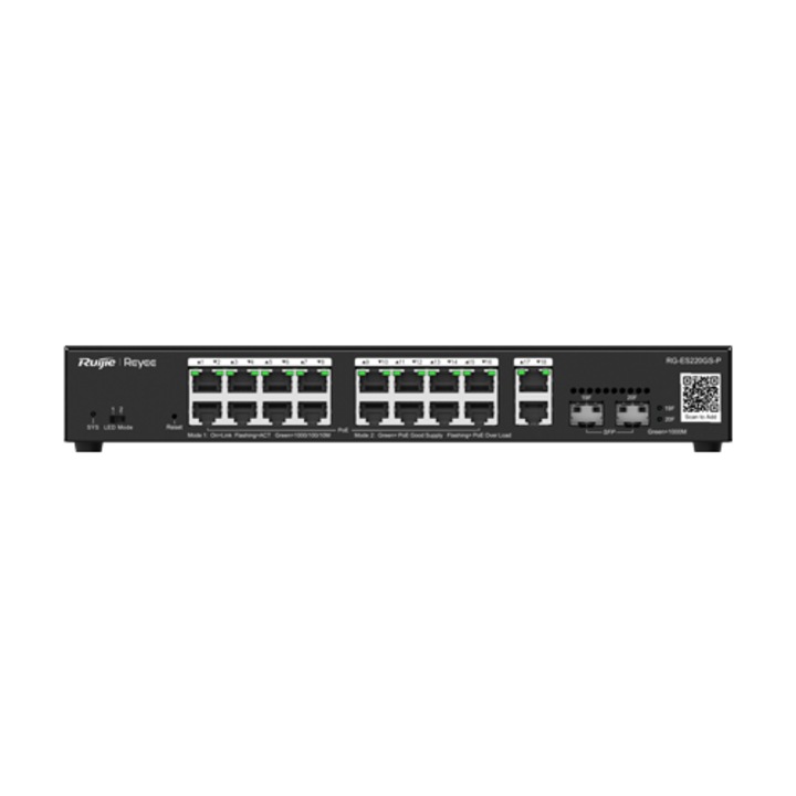 Kapcsoló 16 PoE+ port, 2 GE port, 2 SFP port, Gigabit, Cloud Management - Ruijie RG-ES220GS-P