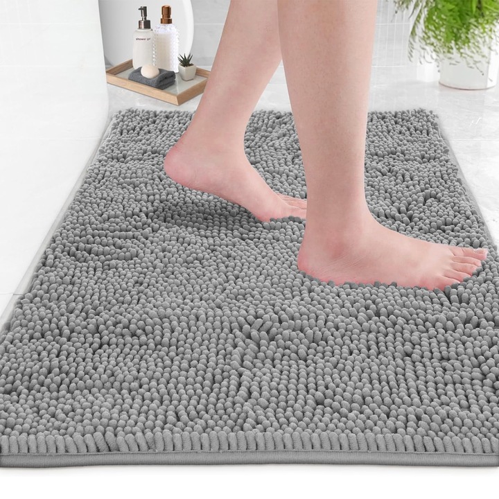 Covor Baie, Hggzeg, Super absorbant, Antiderapant, Usor de curatat, Moale si calda, Lavabil la masina, Durabil, Pentru living, dormitor, Fibre din microfibre, 40x60cm, Gri