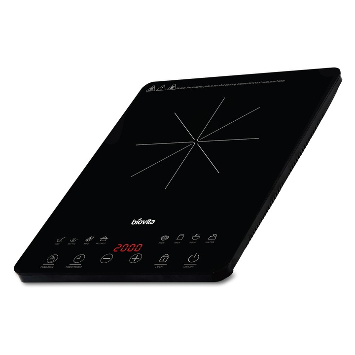 Plita cu Inductie, Biovita ONIX, 2000W, 8 Programe, Design Subtire, Afisaj Tactil, Timer