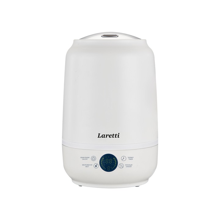 Ултразвуков овлажнител Laretti LR-AH4230, 25W, 5L, Скорост на изпарение на водата: 350 ml/h, Площ на овлажняване: 30 m², Сензорно управление, Защита срещу ниско ниво на водата, С филтър, Функции: ON/OFF, Овлажняване, Хронометър, Йонизация