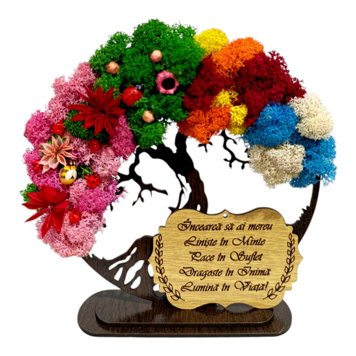 Tablou copacul vietii personalizat cu mesaj standard pentru sora, frate, prietena, nasi, decorat cu licheni stabilizati, dimensiune 20 cm, model, 4 anotimpuri, wenge