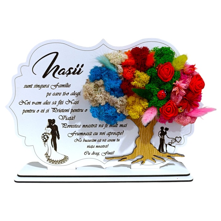 Tablou copac cu licheni stabilizati, personalizat cu mesaj standard pentru nasi, dimensiune 30x20cm, model 3, alb