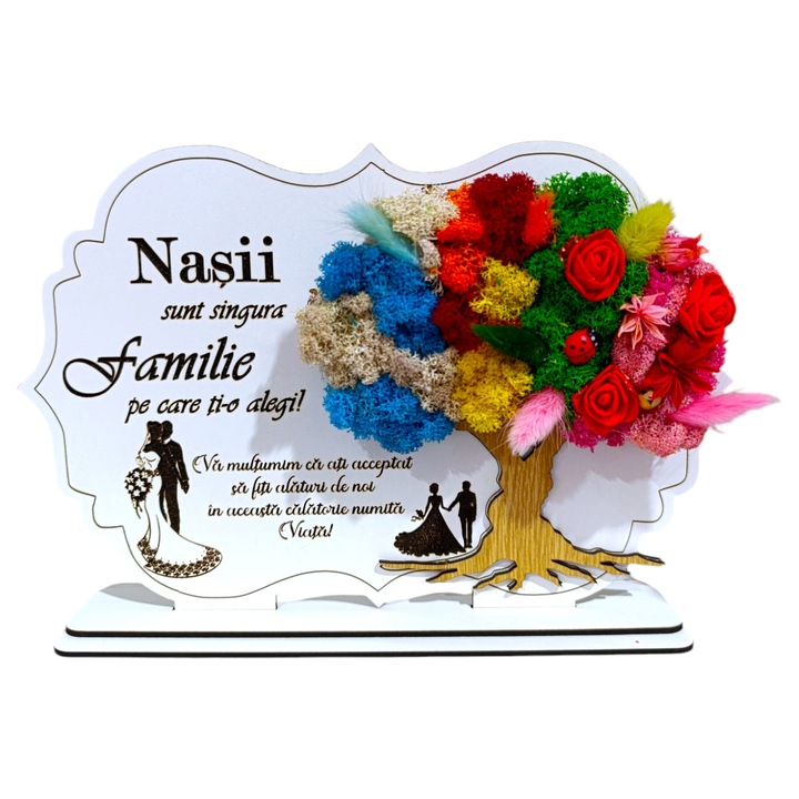 Tablou copac cu licheni stabilizati, personalizat cu mesaj standard pentru nasi, dimensiune 30x20cm, model 5, alb