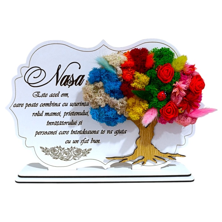 Tablou copac cu licheni stabilizati, personalizat cu mesaj standard pentru nasa, dimensiune 30x20cm, model 3, alb