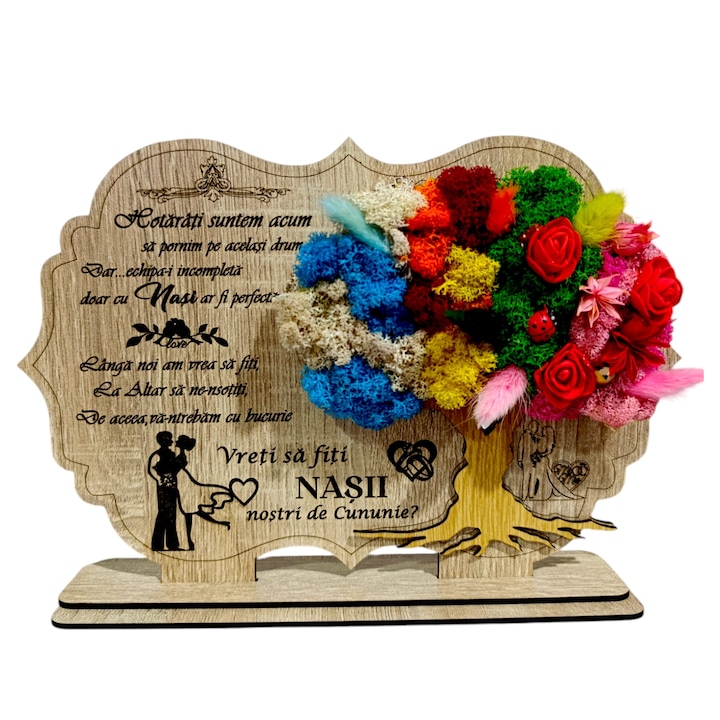 Tablou copac cu licheni stabilizati, personalizat cu mesaj standard pentru cununie, nunta, nasi, "Vreti sa fiti nasii nostri de cununie?", dimensiune 30x20cm, model 2, 4 anotimpuri, maro