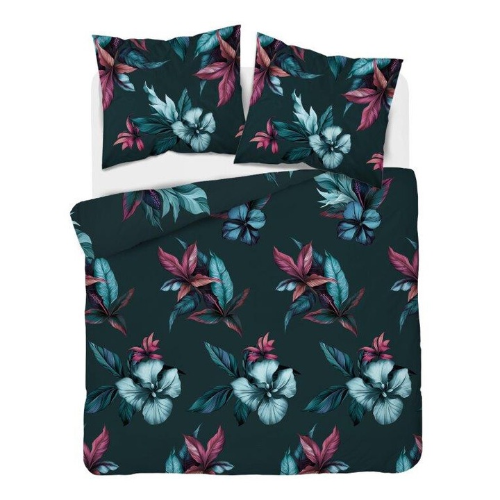 Lenjerie de pat din satin, model floral, 140x200 cm, 1 fata de perna 70x80 cm, albastru