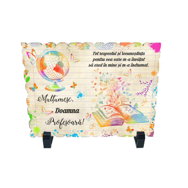Placheta gift shop cu picioruse si mesaj multumesc doamna profesoara, model 1, material lemn cu print uv, dimensiuni 198x138 milimetri