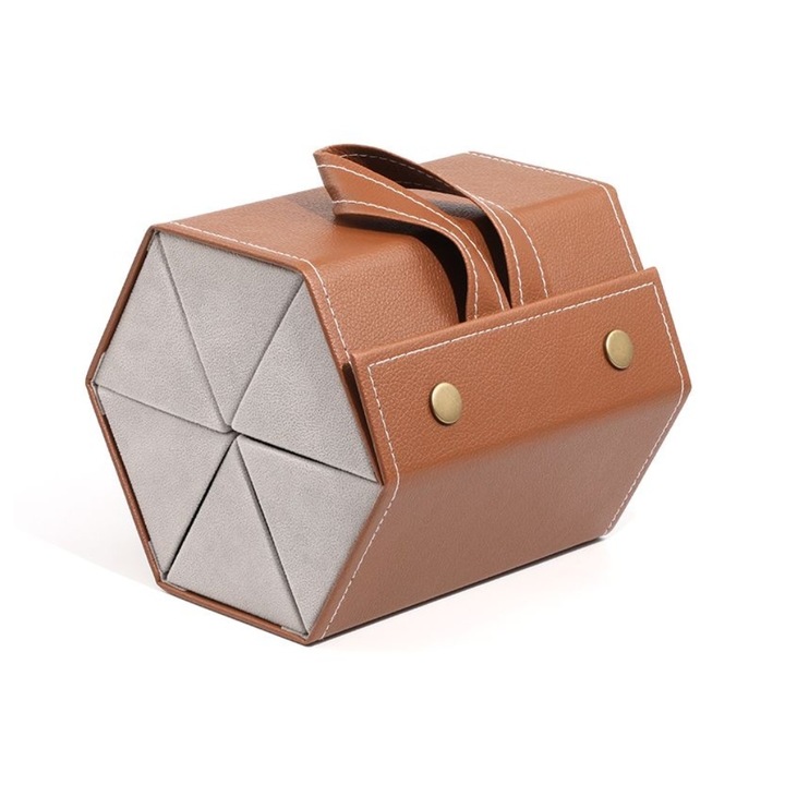 Кутия за съхранение на чаши, 6 слота, екологична кожа, кафява, 16.8x12.4x11.7см