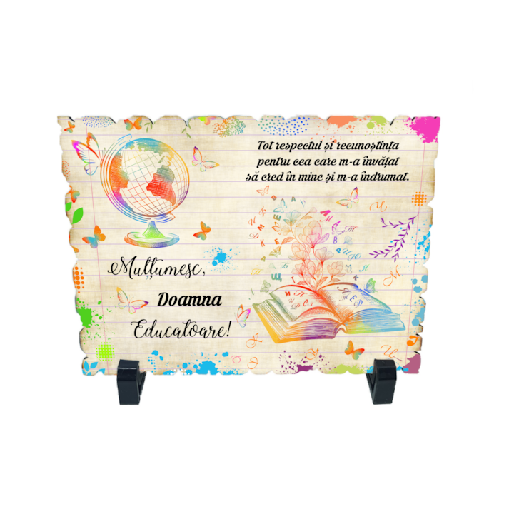 Placheta gift shop cu picioruse si mesaj multumesc doamna educatoare, model 1, material lemn cu print uv, dimensiuni 198x138 milimetri