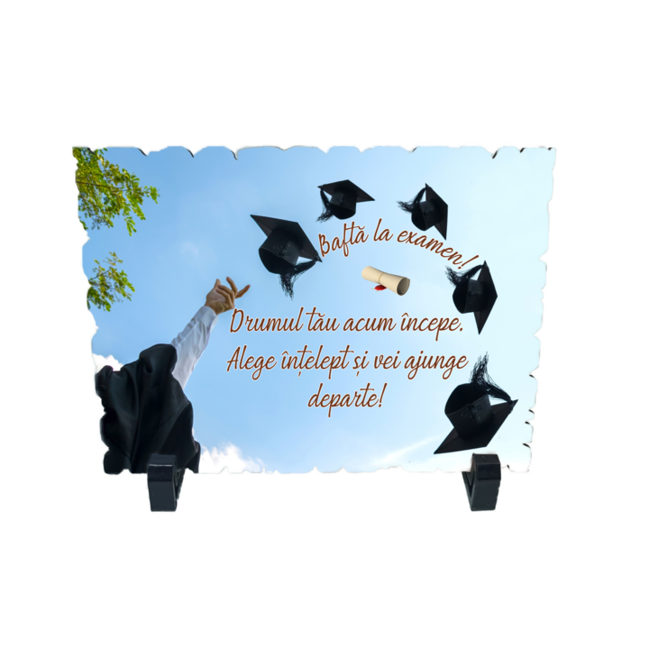 Placheta gift shop cu picioruse si mesaj bafta la examen, model 1, material lemn cu print uv, dimensiuni 198x138 milimetri