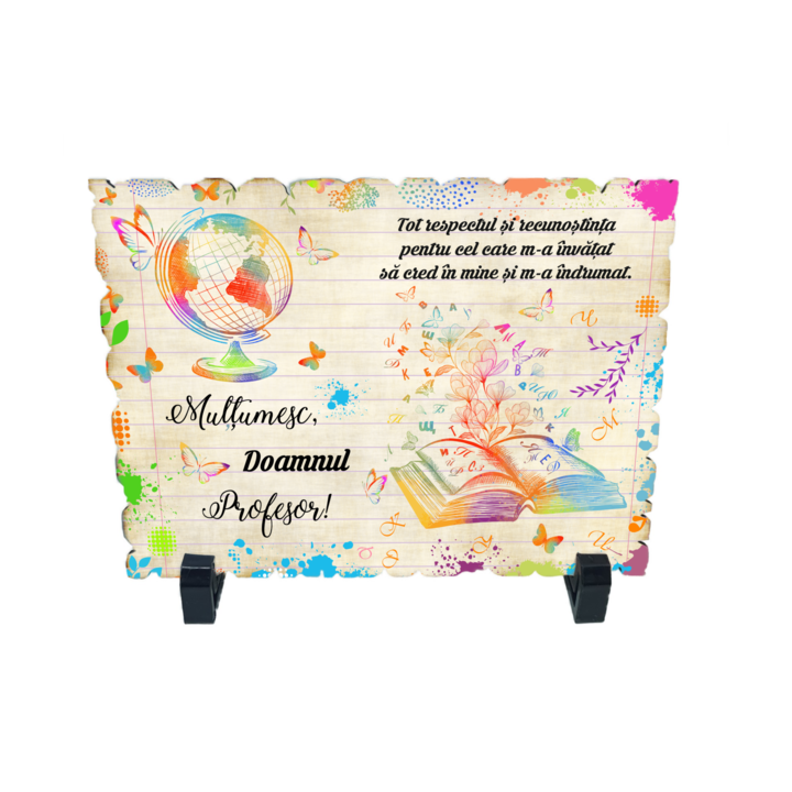 Placheta gift shop cu picioruse si mesaj multumesc doamnul profesor, model 1, material lemn cu print uv, dimensiuni 198x138 milimetri