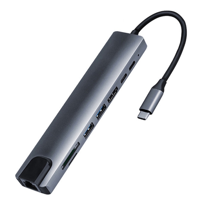 Хъб USB-C, Zwei, 8 порта, HDMI 4K, Ethernet, 2xUSB 3.0, черен/сив