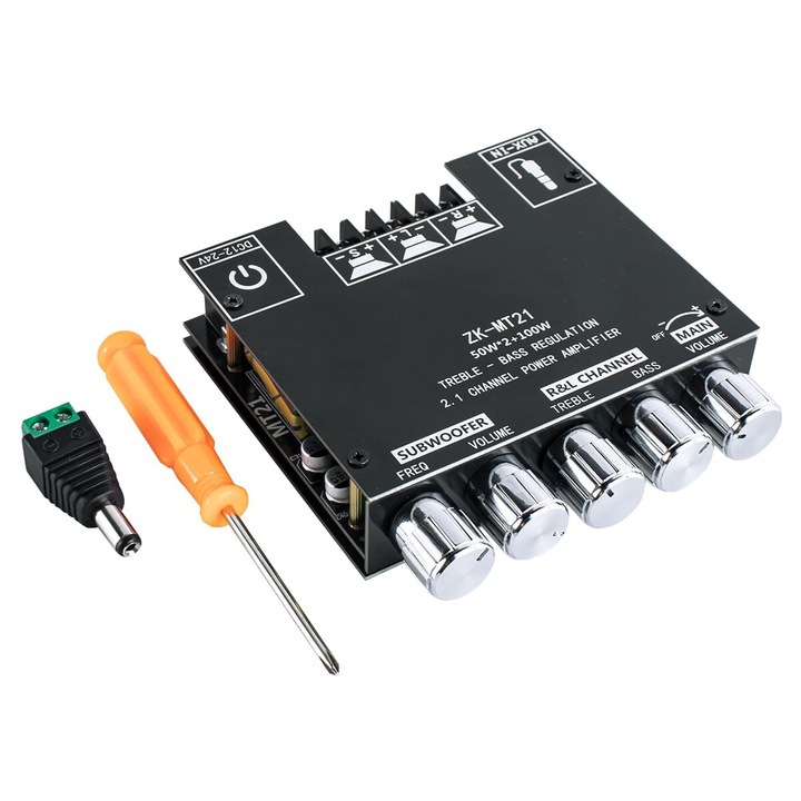Bluetooth платка за аудио усилвател 2.1CH, 50W x 2 + 100W, управление на басите и високите честоти, размери 12x10x1.8cm