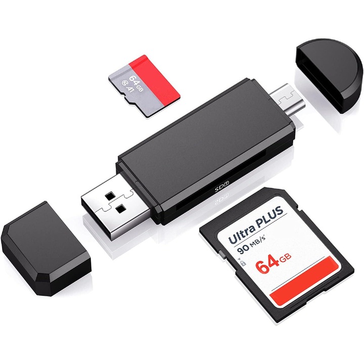 Cititor de carduri SD, BGHYHYHI, USB 2.0 / micro USB, portabil, negru