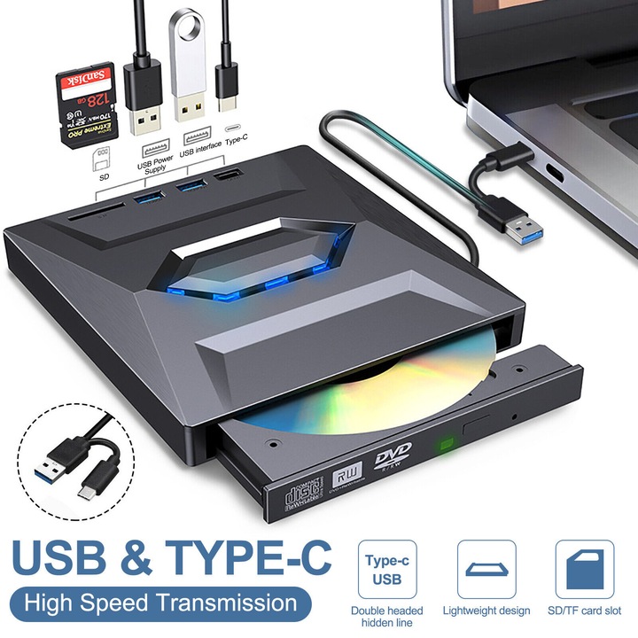 Unitate externa DVD/CD BGHYHYHI, 7 in 1, USB 3.0, cititor si scriitor, compatibilitate larga, portabila
