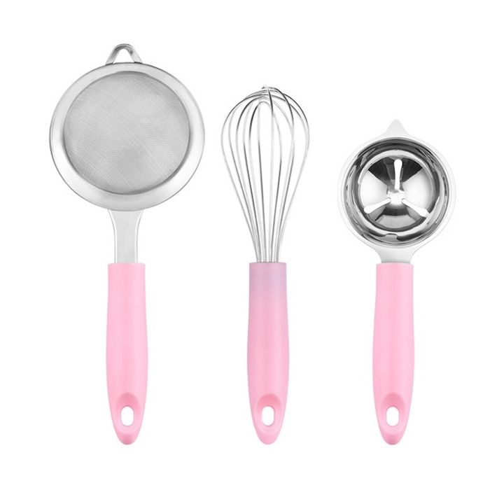 Set teluri pentru oua, separatoare de albusuri, otel inoxidabil, roz