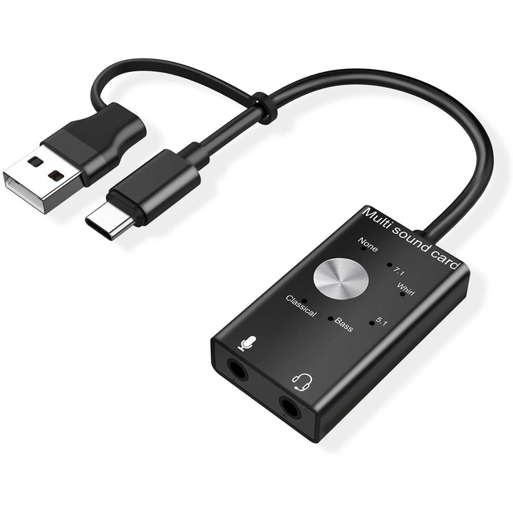 Placa de sunet, BGHYHYHI, adaptor audio USB si USB-C la 3.5mm, 6 efecte sonore, compacta, 50g