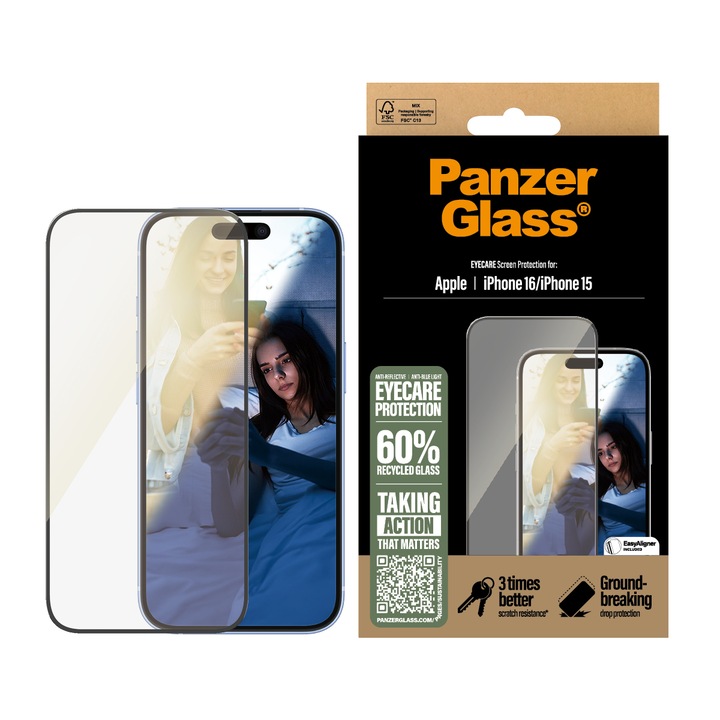 Стъклен протектор PanzerGlass за iPhone 16, 15, EyeCare, Ultra-Wide Fit, Черен