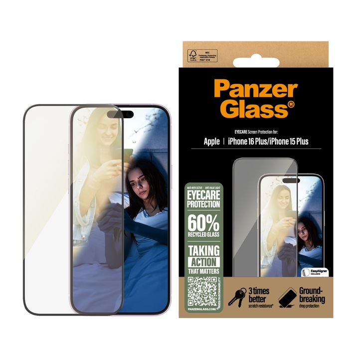Folie protectie din sticla PanzerGlass EyeCare Ultra-Wide Fit compatibila cu iPhone 16 Plus, Transparent