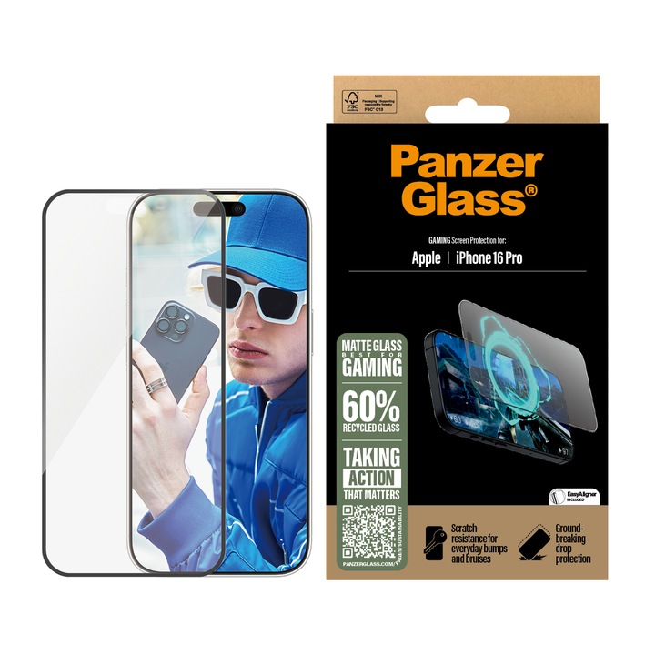 Стъклен протектор PanzerGlass за iPhone 16 Pro, Gaming, Ultra-Wide Fit, Черен