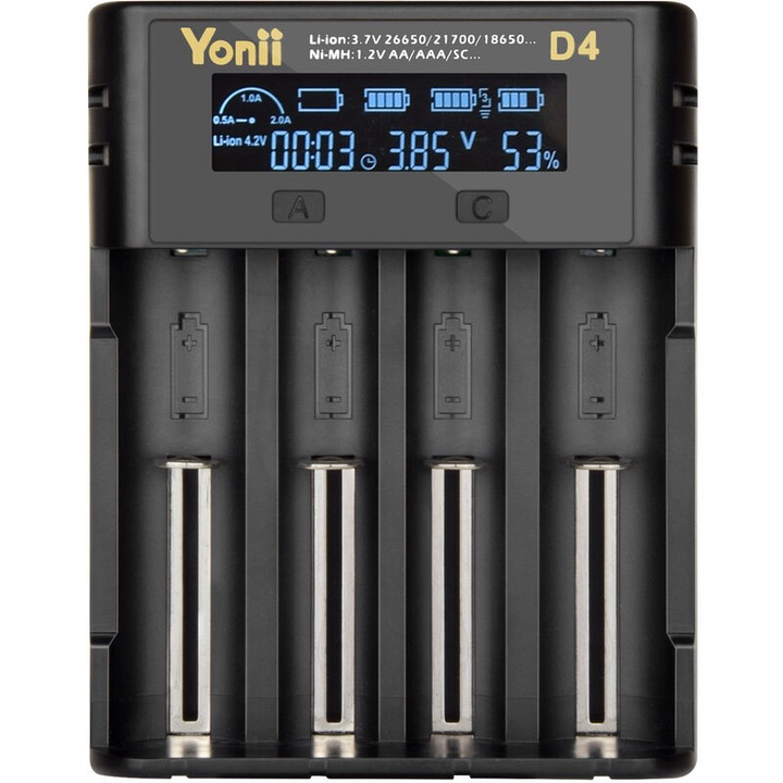 18650 akkumulátortöltő 4 töltőhellyel, automatikus, LCD kijelzővel, töltési móddal, Li-ion Ni-MH Ni-CD AA AAA AAAA C 22650 18490 18350 RCR123 (Elemek nem tartozékok)