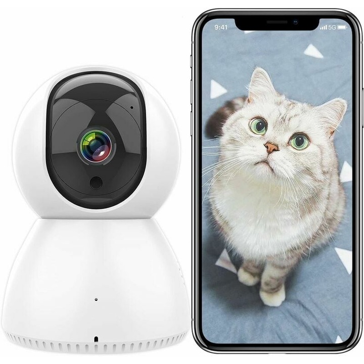 1080p beltéri Wifi biztonsági kamera, 360°-os IP kamera, Alexa és Google Home kompatibilis, Éjjellátó, Mozgáskövetés, Kétirányú hang babákhoz és háziállatokhoz (C23-2)