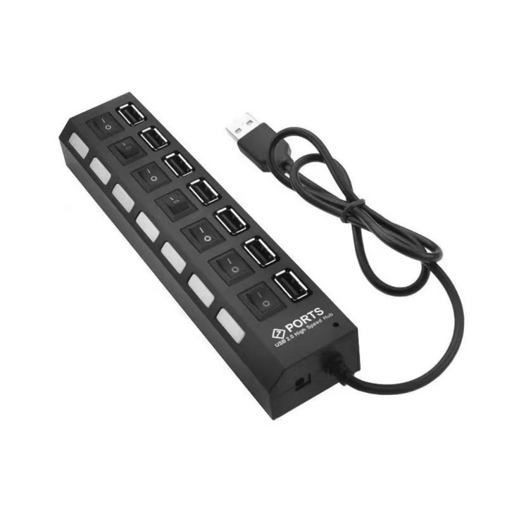 Splitter cu mai multe porturi, Hub USB 2.0 cu 7 porturi, Hub de date USB A cu comutator independent de pornire/oprire si indicatori LED, lumini pentru laptop, PC, computer, HDD mobil