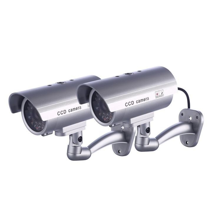 Set 2 Camere False de Supraveghere, Exterior/Interior, LED Intermitent, Argintiu