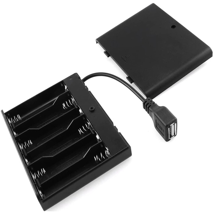 Set 3 suporturi pentru baterii AA cu USB si intrerupator, 4.8V-6V, BGHYHYHI, negru