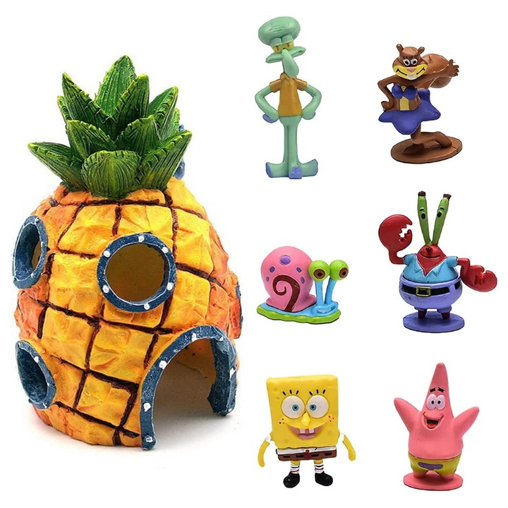 Set de 7 decoratiuni pentru acvariu, Cozevdnt, model Spongebob, plastic, multicolor