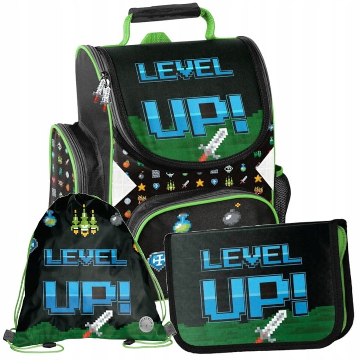 Комплект 3 ученически чанти, Paso, Level Up, раница, несесер с едно отделение, чанта за обувки с връзки, 36 x 28 x 15 см, Многоцветно