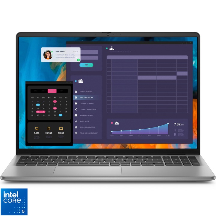 Laptop Dell Vostro 5640, 16 hüvelykes 1920 x 1200, Intel Core 5 120U 10 C / 12 T, 1,8 GHz - 5,0 GHz, 12 MB gyorsítótár, 15 W, 16 GB DDR5, 1 TB, SSD, Windows 11 Pro