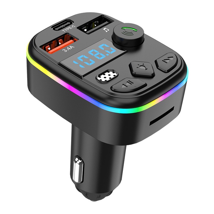 FM трансмитер за кола, Bluetooth 5.0, бързо зарядно устройство Type-C 3.1A, околно осветление,