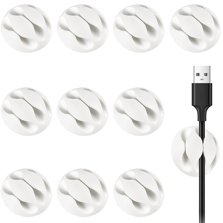 Set de 10 clips pentru organizarea cablurilor, organizator birou, alb, 3.5x3.5x1.5cm