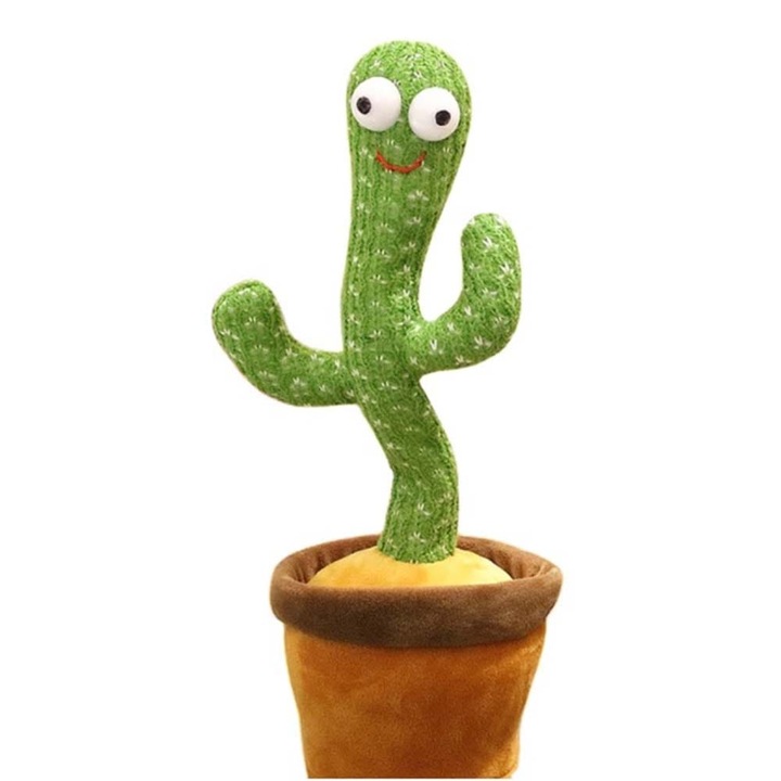 Интерактивна играчка Aymax® Говорещ и Танцуващ Кактус, Имитира, Пее, Образователен, 32 см, с USB, Зелен