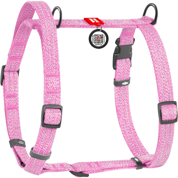 Ham pentru caini, WAUDOG Re-cotton, cu maner, bumbac reciclat, in forma de H, reflectorizant, cu pasaport QR, roz, S