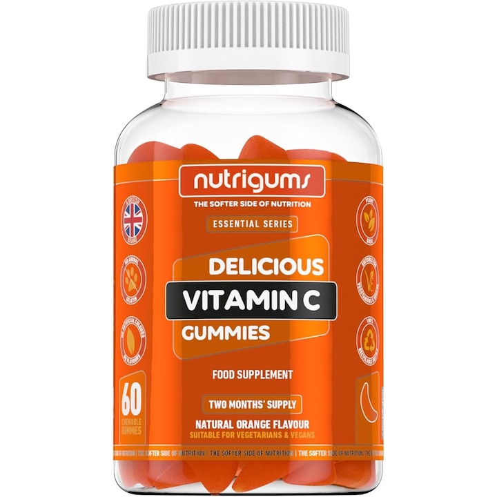 Supliment alimentar Vitamin C Gummies, Nutrigums, Vitamina C 80mg, sustine imunitatea, nivelul de energie si de colagen, vegan, aroma de portocale, 60 de jeleuri