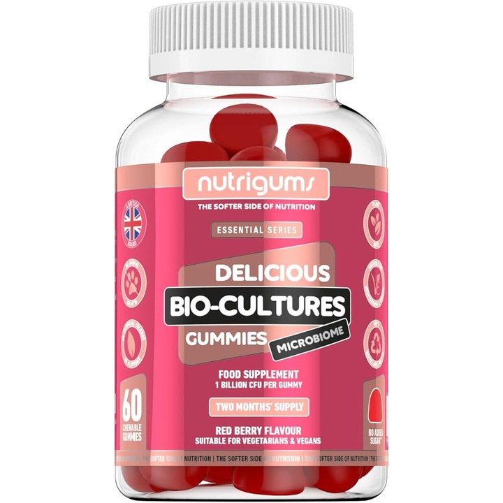 Supliment alimentar Bio-Cultures Microbiome Gummies, Nutrigums, 12 probiotice multi-tulpini 1 miliard CFU, Acidophilus si Bifidobacterium, sprijina sanatatea intestinala, vegan, aroma de capsuni, 60 de jeleuri