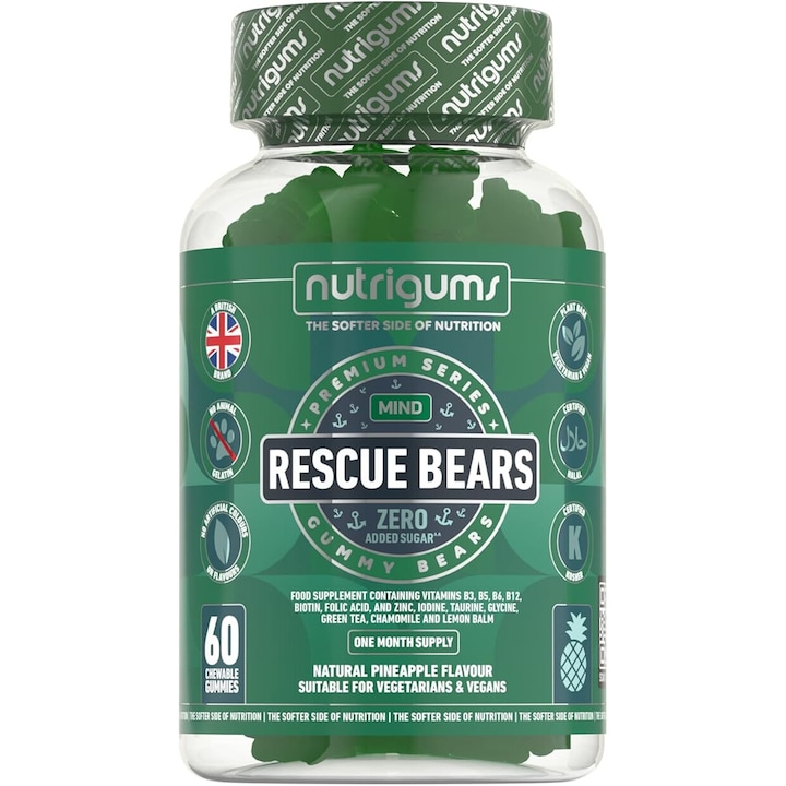 Supliment alimentar Rescue Bears Gummies, Nutrigums, contine glicina, taurina, ceai verde, balsam de lamaie, musetel, vitamine si prebiotice, pentru calmare, reducerea stresului si anxietatii in timpul zilei, vegan, aroma de ananas, 60 de jeleuri