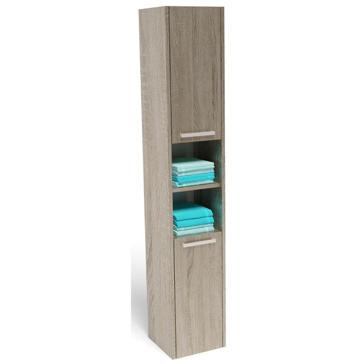 Fürdőszoba szekrény, MATKAM, EX3, 30x30x170 cm, Tárolóhely, Megfordítható ajtó, Lágy zárás, 6 polc, 2 ajtós, Szabadon álló, Szőnyeg, Forgácslap, Sonoma tölgy