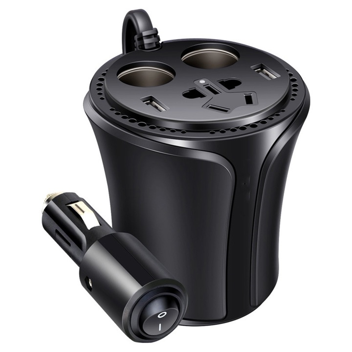 Автомобилен инвертор 150W, чаша, 2 USB порта, 2 контакта, DC 12V към AC 110V-120V