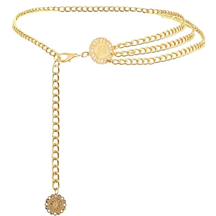 Női öv láncokkal, Axroad bevásárlóközpont, állítható, többrétegű kialakítás, érmés medállal, sima és kopásálló, egyszerű divat, retro, ruhával vagy nadrággal viselhető, cinkötvözet, 95 cm, arany