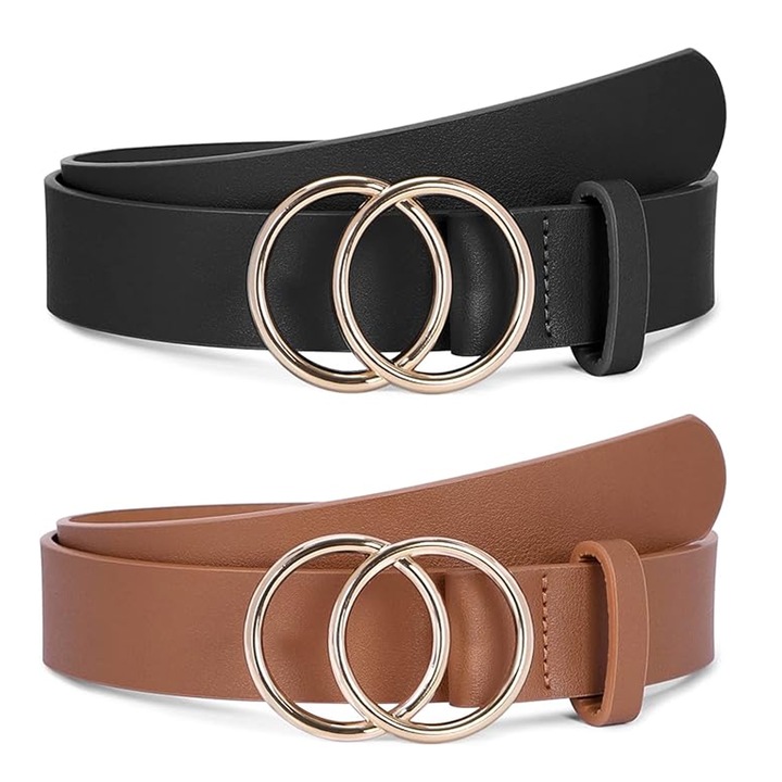 2 db női öv készlet, Axroad Mall, Bőr anyag, 70-90 cm-es derékbőségre alkalmas, Kerek fémcsattal, Sima és kopásálló, Egyszerű divat, Ruhával vagy nadrággal viselhető, 107 x 2,7 cm, PU/fém, Fekete/barna