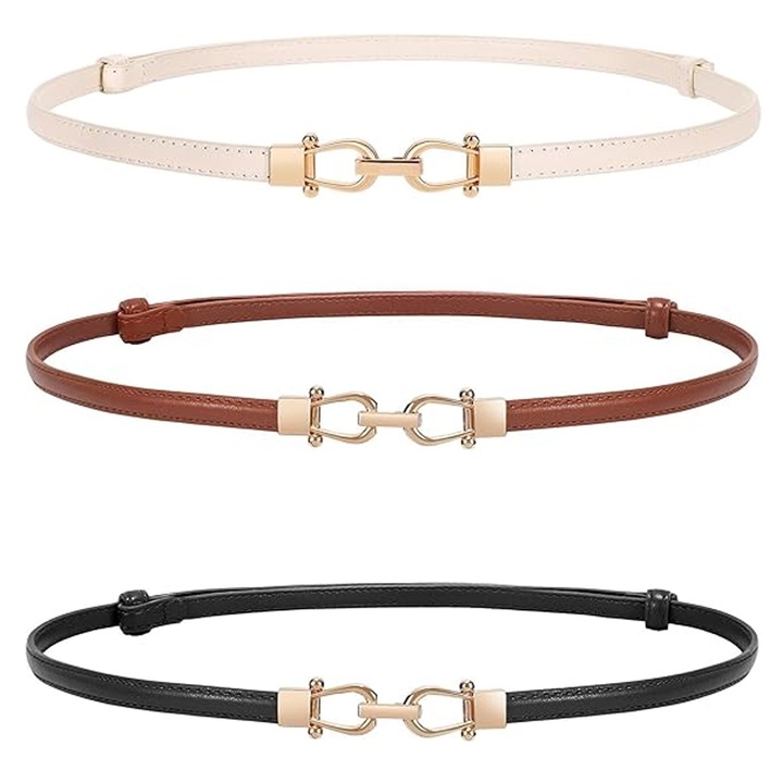 3 vékony minimalista öv készlet, Axroad Mall, Bőr anyag, 56-100 cm-es derékbőségre alkalmas, klasszikus arany csat, vékony méret, állítható kialakítás, egyszerű divat, ruhával vagy inggel viselhető, PU/fém, fekete/barna/bézs